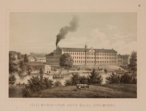 Przędzalnia bawełny, Stromsbro, Szwecja, ok. 1840 (kolor lito) autorstwa Swedish School