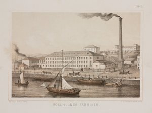 „Rosenlunds Fabriker” (Fabryka Rosenlunds), Rosenlunds, Sztokholm, Szwecja, ok. 1840 (kolor lito) autorstwa Swedish School