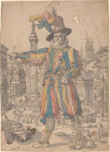 Giovanni Grosso z Gwardii Szwajcarskiej stojący przed widokiem na Rzym autorstwa Swiss 17th Century after Francesco Villamena