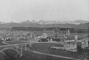 Berno, Widok na Kirchenfeld i Alpy Berneńskie (zdjęcie czarno-białe) autorstwa Swiss Photographer