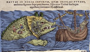 Potwór morski i statek, ilustracja z „Historia Animalium” bu Conrad Gesner autorstwa Swiss School