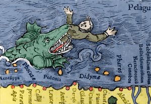 Potwór morski jedzący człowieka, ilustracja z „Historii Animalium” Conrada Gesnera autorstwa Swiss School