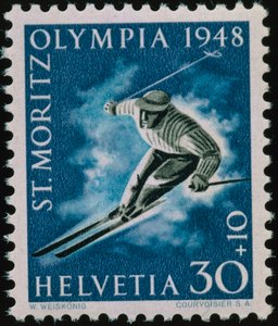 Znaczek upamiętniający Zimowe Igrzyska Olimpijskie w 1948 r. autorstwa Swiss School