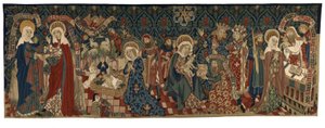 Gobelin na grzbiecie przedstawiający cztery sceny z życia Marii Panny, z Bazylei, ok. 1450-75 (nici wełniane i białe lniane) autorstwa Swiss School
