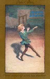 Piotruś Pan: Piotruś tańczący ze swoim cieniem (kolorowa litografia) autorstwa Sybil Barham
