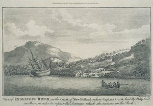 Kapitan Cook, który rozbił się podczas swojej podróży dookoła świata, naprawił Endeavour w porcie na jednej z Wysp Nadziei, ok. 1786 r. (rycina)
