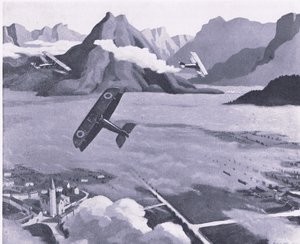 Brytyjscy zwiadowcy opuszczający lotnisko na patrolu nad płaskowyżem Asiago we Włoszech, z publikacji British Adventure wydanej przez Collins, 1947 autorstwa Sydney Carline