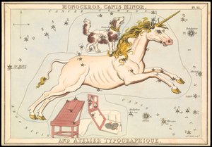 Monoceros, Canis Minor i Atelier Typographique, ok. 1825 (karta, papier, bibułka)