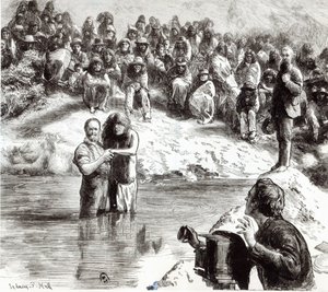 Chrzest Indian północnoamerykańskich — mormoni pozujący na apostołów Chrystusa, 1892 r. autorstwa Sydney Prior Hall