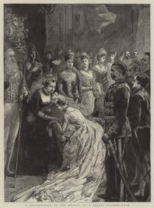 Prezentacja dla Jej Wysokości na niedawnym Salonie Rysunkowym autorstwa Sydney Prior Hall