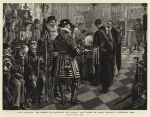 Królewska Jałmużna, ceremonia rozdawania Królewskiej Mości Jej Królewskiej Mości w Wielki Czwartek w Opactwie Westminsterskim autorstwa Sydney Prior Hall
