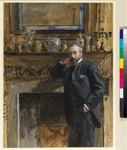 Dżentelmen we wnętrzu przy Fig Tree Court 5, 1890 r. autorstwa Sydney Prior Hall