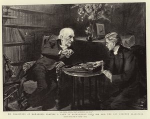 Pan Gladstone w Hawarden, gra w tryktraka ze swoim synem, wielebnym Stephenem Gladstonem autorstwa Sydney Prior Hall