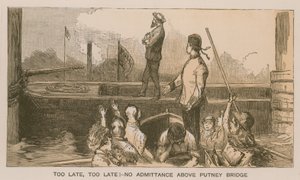 Reminiscencje z wyścigów łodzi Oxford i Cambridge: Za późno, za późno! Nie ma wstępu powyżej Putney Bridge autorstwa Sydney Prior Hall