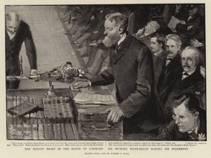 Noc budżetowa w Izbie Gmin, Sir Michael Hicks-Beach wygłasza oświadczenie autorstwa Sydney Prior Hall