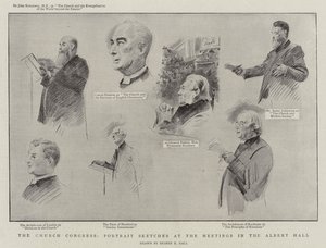 Kongres kościelny, Szkice portretowe na spotkaniach w Albert Hall litho autorstwa Sydney Prior Hall