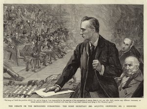 Debata na temat uwięzionych dynamitów, minister spraw wewnętrznych (pan Asquith) odpowiada panu J. Redmondowi autorstwa Sydney Prior Hall