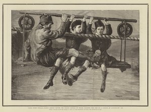 Pierwsza podróż, Prince Albert Victor i Prince George of Wales przekraczają Dee w kołysce w Abergeldie 1876 autorstwa Sydney Prior Hall