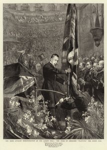Irlandzka demonstracja lojalistów w Albert Hall, książę Abercorn podkładając Union Jack autorstwa Sydney Prior Hall