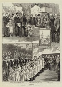 Książę i księżna Walii w Danii, kładąc kamień węgielny pod Nowy Kościół Angielski w Kopenhadze autorstwa Sydney Prior Hall