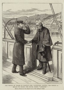 Książę Walii w Norwegii, pan Gladstone z wizytą u księcia w Molde na pokładzie królewskiego jachtu Osborne autorstwa Sydney Prior Hall