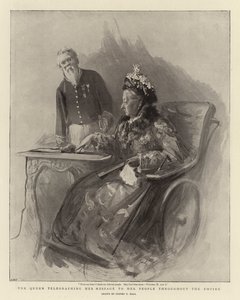 Królowa telegrafująca swoje przesłanie do swojego ludu w całym Imperium autorstwa Sydney Prior Hall