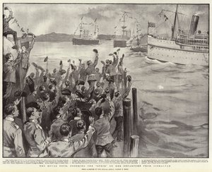 Królewska wycieczka, wiwatująca na Ophir podczas wypływania z Gibraltaru autorstwa Sydney Prior Hall
