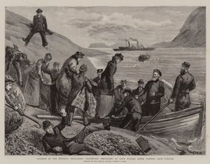 Turyści w Western Highlands, pasażerowie wsiadający do Loch Scavaig po wizycie w Loch Coruisk autorstwa Sydney Prior Hall