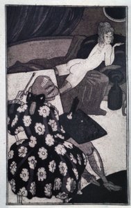 Erotyzm: Giacomo Casanova (1725-1798) przedstawiający swoją wydłużoną kochankę leniwie nagą na sofie (akwaforta)