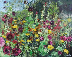 Hollyhock Garden, 2021 (olej na płótnie) autorstwa Sylvia Paul