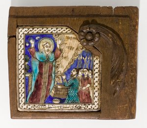 Sygnalizowana i datowana syryjska płytka ceramiczna, malowana manganem, niebiesko-brązowo, datowana na 1699, 1699 autorstwa Syrian School