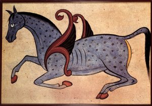 Sztuka syryjska: skrzydło konia identyfikuje się jako Salsaiel (rękopis kosmologiczny)