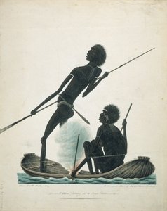 Tubylcy łowią ryby w czółnie z kory, 1819 autorstwa T.R. Browne