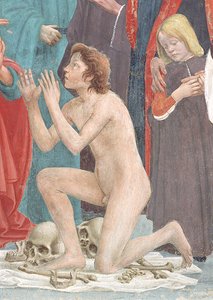 Szczegół zmartwychwstałego dziecka, z Wskrzeszenia Syna Teofila i św. Piotra na tronie pierwszego biskupa Antiochii, ok. 1427 i ok. 1484-85 (szczegóły z 63302)