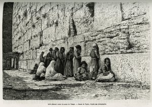 Żydzi płakali pod ścianami świątyni (ściana płaczu). Grawerowanie autorstwa Taylora, ilustrujące La Syria d
