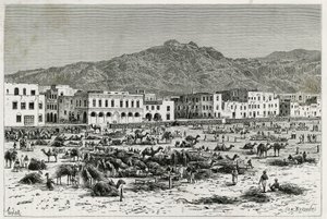 Marsz Adenu (Jemen). Rycina Taylora, ilustrująca historię „Podróż do Benadiru, Somalii i Bajoun””, w latach 1882-1883, autorstwa M.G.Revoil. Opublikowano w Le Tour du monde, nouveau journal des voyages