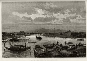 Widok Hue (Wietnam), z opisem nawigacji po rzece Song Huong i pagodzie Thien Mu, za murami obwodowymi. Grawerowanie autorstwa Taylora, aby zilustrować historię „Trente mois au Tonkin” autorstwa dr. Charlesa Edouarda Hocquarda (1853-1911), w 1885 r., w