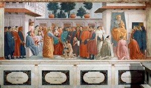Wskrzeszenie syna Teofila, króla Antiochii i św. Piotra na tronie pierwszego biskupa Antiochii, ok. 1427 i ok. 1480 (fresk) autorstwa T. Masaccio, F. Lippi