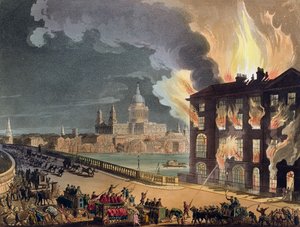 Pożar w Albion Mill, Blackfriars Bridge, z „Mikrokosmosu Londynu” Ackermanna c.1808-11 (akwatinta)
