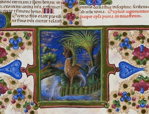 Fryz brzegowy u dołu strony z potwornym zwierzęciem w krajobrazie, tom II, f 207, v, Biblia Borso d