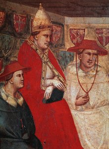 Historia św. Franciszka z Asyżu: przedstawienie papieża Innocenza III (Innocentiusa) (1160-1216), potwierdzające rządy franciszkańskie w 1210 r. Szczegół. Fresk Taddeo Gaddi (1295/1300-1366), Florencja, Galleria dell