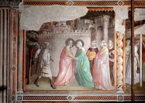 Życie Dziewicy: spotkanie Joachima i Anny przy złotej bramie (fresk, ok. 1327)