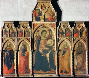 Dziewica z Dzieciątkiem ze św. Jakubem Większym, św. Janem Ewangelistą, św. Piotrem i św. Janem Chrzcicielem - tempera na desce,1350-1353 autorstwa Taddeo Gaddi
