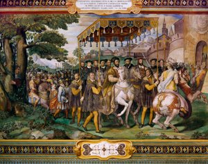 Franciszek I witający Karola V i kardynała Alessio Farnese w Paryżu, Taddeo Zuccari (1529-1566), Palazzo Farnese, Caprarola, Włochy