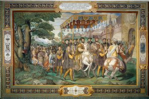 Król Franciszek I przyjmuje Karola V i kardynała Alessandro Farnese w Paryżu 1540 r. 1559 r.