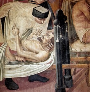 Opieka nad chorymi w szpitalu, pielęgniarka pomaga rannemu leżącemu na noszach”” Szczegół. Fresk Taddeo di Bartolo (1363-1422) XIV-wieczna Siena, Spedale di Santa Maria della Scala