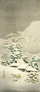 Scena na śniegu w Sawatari w dystrykcie Joshu, ok. 1930, autorstwa Takahashi Shotei (1871-1945), drzeworyt w kształcie o-tanzaku, 38,1 x 17,1 cm, cywilizacja japońska, okres Meiji-Showa autorstwa Takahashi Shotei