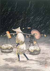 Nocny śnieg, ok. 1930 (kolorowy drzeworyt) autorstwa Takahashi Hiroaki