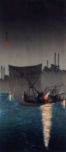Wyspa Tsukuda, sieci rybackie w nocy autorstwa Takahashi Hiroaki
