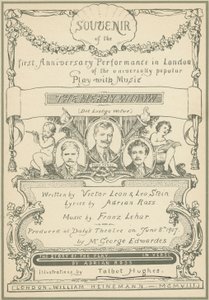 Strona tytułowa Souvenir z pierwszego jubileuszowego występu The Merry Widow w Londynie (kolor lito) autorstwa Talbot Hughes